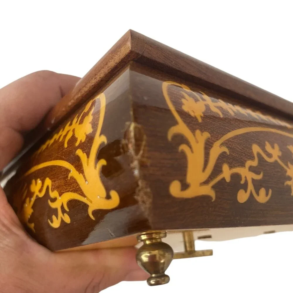 Vintage Wooden Inlaid Music Jewelry Box Ornate‎ Floral Design Red Velvet MCM